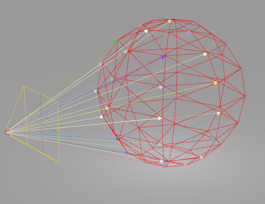 Rays travelling from a camera through the vertices of a mesh